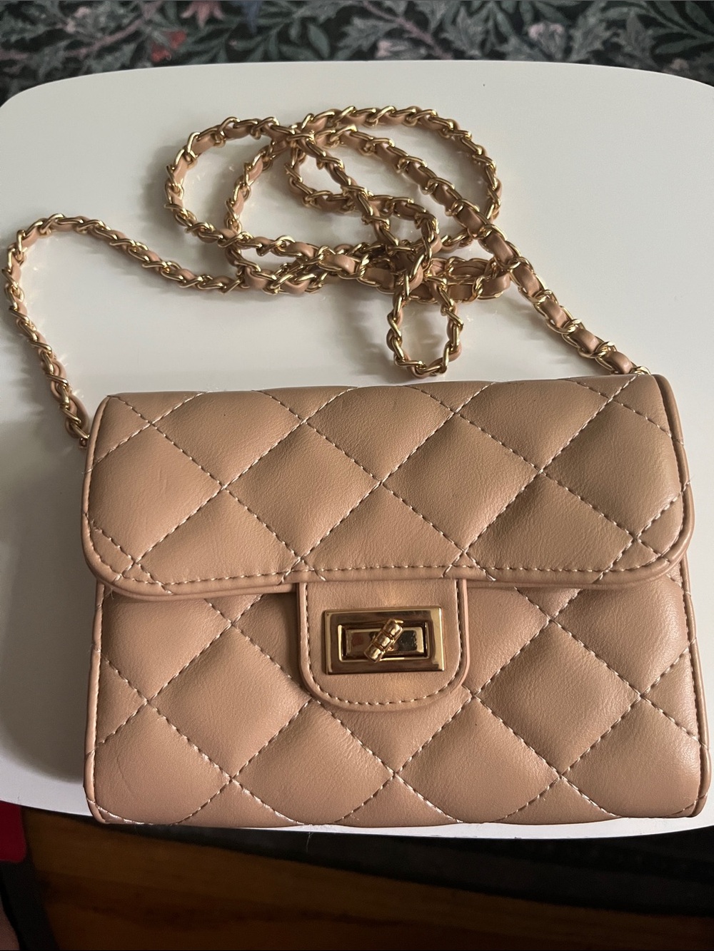 Urban Expressions Quilted Crossbody in Blush Nude with Gold Chain